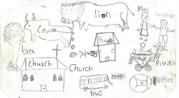 ケニアのチャイルドが描いた絵。動物、人、家、ボール、教会といった身の回りにあるものを鉛筆で描いています