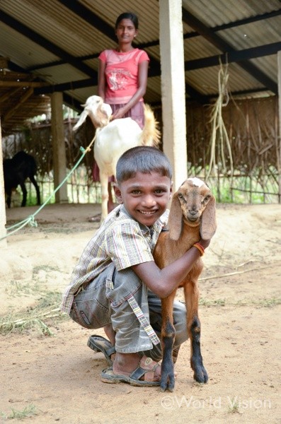 支援されたヤギを抱いて嬉しそうな男の子