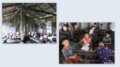 コミュニティの手による学習環境の改善2皮膚病が懸念される床に敷かれた米炭を取り除き、レンガで床を敷き直した（Nyi Naung Wa Ywar Ma Village, 左：7月、右：9月） 