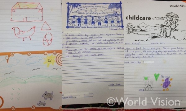 子どもたちの絵と手紙（左：コンゴとエクアドル、中：フィリピン、右：スワジランド）